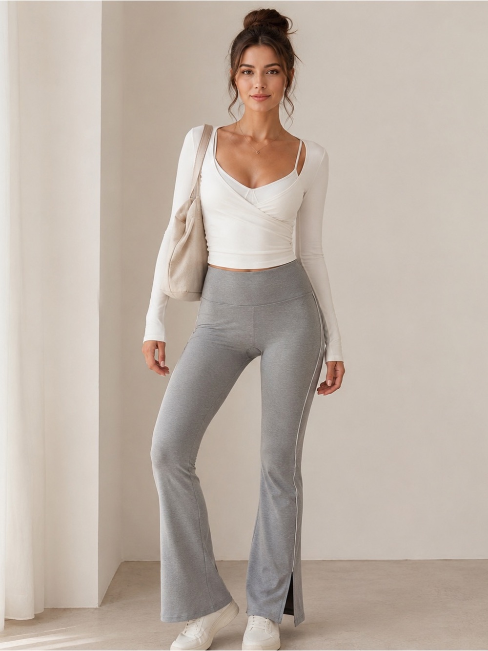 Lucky Honey Trace Leggings M Light Heather High Rise Split Hem Pilates clean gir